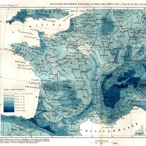 Pluviométrie de la France et d'une partie de l'europe - Carte extraite du « Monde Physique » T. 5 de Amédée Guillemin