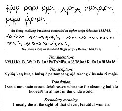 A Bugis riddle (élong maliung bettuanna) written in standard Lontara and a Lontara Bilang-bilang cipher script, from Matthes (1883)