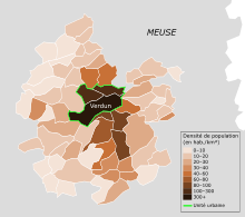 Carte affichant la densité de chaque commune de l'aire urbaine de Verdun.