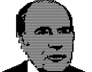 Un portrait dessiné de François Mitterrand sur Minitel par blocs de pixels en noir et blanc