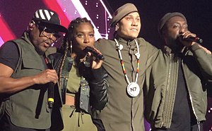 Black Eyed Peas performing with J Rey Soul at O2 Apollo Manchester in November 2018. From left: apl.de.ap, J. Rey Soul, Taboo, will.i.am.