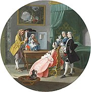Peinture. Une naine joue du violon dans une boite ouverte, posée sur une table. Trois personnes richement vêtues assistent au concert.