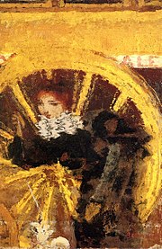 Tableau en couleur figurant une femme vêtue de noir contre une roue.