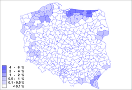 Carte de la Pologne où apparaissent en bleu de nombreuses zones, notamment dans le nord et l'est du pays.