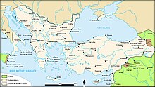 Carte montrant les Balkans et la Turquie actuelle avec les frontières médiévales de l'empire byzantin.