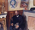 Peinture en couleur figurant un homme assis dans une pièce près d'une chéminée