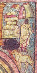 Dessin montrant un animal à quatre pattes près d'une plante, un homme debout et de dos, un tumulus de pierres et un enfant entrant dans une grotte.