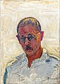 Peinture en couleur figurant le portrait en buste de face d'un homme portant des lunettes et au col de chemise ouvert.