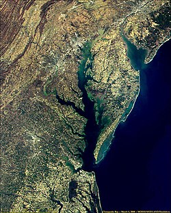 Image satellite de la baie de la Delaware et de la baie de Chesapeake.