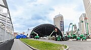 Temporary stage being erected at Campus Martius Park ahead of the draft