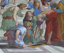 Eklid (kenbe konpa), grèk matematisyen, 3yèm syèk BC, tankou imajine pa Raphael nan detay sa a soti nan lekòl la nan Atèn.