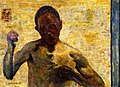 Portrait peint coupé à la taille d'un homme maigre torse nu, visage dans l'ombre, un poing levé, l'autre devant la poitrine