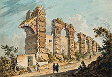 Peinture du XVIIIe siècle représentant les ruines d'arches en maçonnerie de grand appareil, esquissant le début d'un pont ruiné.