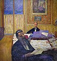 Peinture en couleur figurant deux hommes assis dans un bureau.