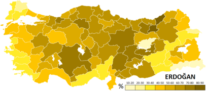 Les résultats obtenus par Recep Tayyip Erdoğan, par provinces.