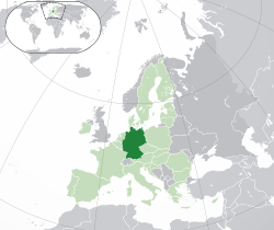 Ibùdó ilẹ̀  Jẹ́mánì  (dark green) – on the European continent  (light green & dark grey) – in the European Union  (light green)  —  [Legend]