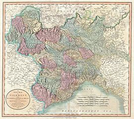 Carte anglaise représentant les Régions du Nord Ouest de l'Italie (Royaume de Sardaigne, Duché de Milan, République de Gênes) et la frontière avec la France à la fin du XVIIIe siècle.