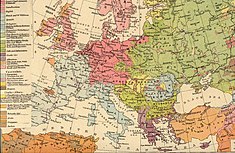 Carte des groupes de langues différents existant en Europe en 1900. On y voit que les frontières politiques de l'empire allemand et celles linguistiques des langues germaniques ont une certaine cohérence.