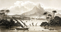 Gravure tirée de "Sketch of the Mosquito Shore" prétendant représenter Port of Black River, au Poyais, 1822