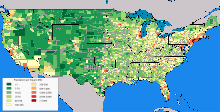 Carte de la densité aux États-Unis, montrant l'Ouest presque désert et l'est densément peuplé.