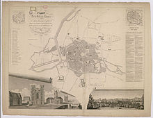 Un plan de Rennes en 1829 figurant les îlots construits du centre-ville. Les principaux monuments sont indiqués par des lettres. L'implantation de l’église Saint-Sauveur est indiquée par la lettre E, à l’est de la cathédrale. Le plan en croix, la tour et la sacristie sont figurés.