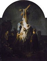 Rembrandt, Descente de croix, 1632-33 avec une représentation littéralement terre à terre (en bas à gauche), Alte Pinakothek, Munich.