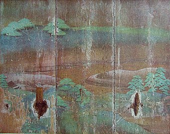 Paysage au début du printemps. Détail, porte Est, salle du Phénix, Byōdō-in, près de Kyōto. Peinture sur bois, vers 1053.