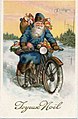 Santa vêtu de bleu chevauchant une motocyclette (vers 1930).