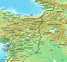 Carte du Moyen-Orient, en rouge le nom des provinces romaines