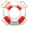 Icon for the GNOME program Yelp, showing a white floatation ring with four red stripes with rope on each of the red stripes