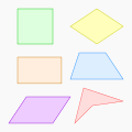 Quadrilatères. Les deux situés en haut à gauche (vert et marron) sont des rectangles.