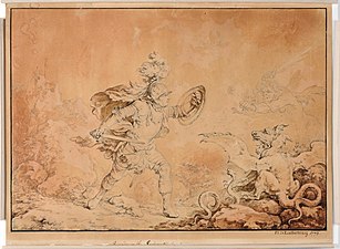 Philippe-Jacques de Loutherbourg, Floridore se battant contre Nigromant (1773), plume, encre, lavis d'encre sur papier.
