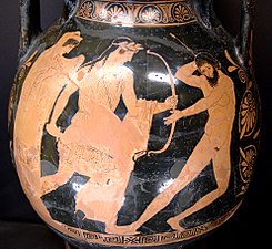 Apollon et Tityos, pélikè attique à figures rouges de Polygnote, vers 450‑440 av. J.-C..