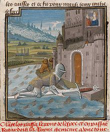 Enluminure du XVe siècle où est montré un chevalier marchant à quatre patte sur une épée géante qui sert de pont pour atteindre un château