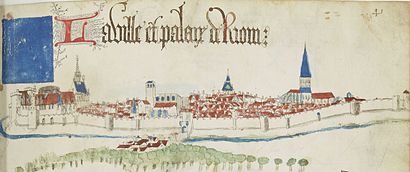 Riom dessinée par Guillaume Revel pour son Armorial d'Auvergne vers 1450.