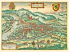 Vue à vol d'oiseau de Namur publiée en 1582