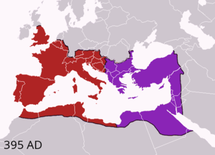 À la suite des invasions barbares, division de l'Empire romain en 395 entre Empire romain d'Occident et Empire byzantin.