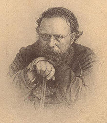 Portrait gravé de Proudhon vu de face, le visage et les mains appuyées sur sa canne