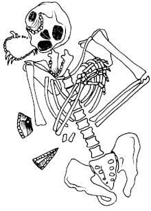 Dessin d'os formant un squelette partiel sans crâne (sauf mâchoire inférieure), ni jambe, ni main gauche, avec 2 éclats.