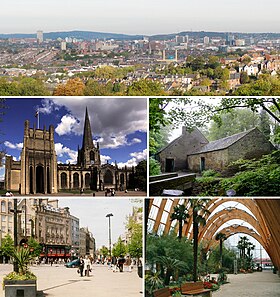 Top: Sheffield from Meersbrook Park, middle left: Sheffield Cathedral, middle right: Shepherd Wheel, bottom left: Fargate, bottom right: Sheffield Winter Garden.