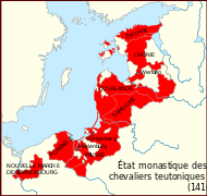 Carte de l'Est de la Baltique où apparaissent en rouge la Prusse orientale et les territoires baltes.