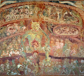 Fresque montrant sur quatre bandes superposées des corps de condamnés en proie à divers supplices, tandis que se détache en superposition l'image bestiale de Satan.