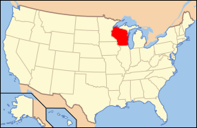 Peta Amerika Syarikat dengan nama Wisconsin ditonjolkan