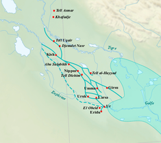 Localisation des sites principaux identifiés en Mésopotamie méridionale durant le IVe millénaire av. J.-C.