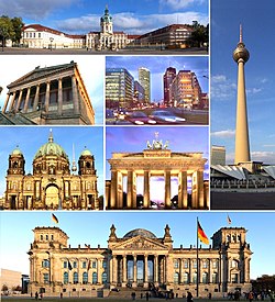 Föntről, balról jobbra: a Schloss Charlottenburg palota, a Berlini tévétorony, a Régi Nemzeti Galéria, a Potsdamer Platz, a Berlini dóm, a Brandenburgi kapu, és a Reichstag épülete