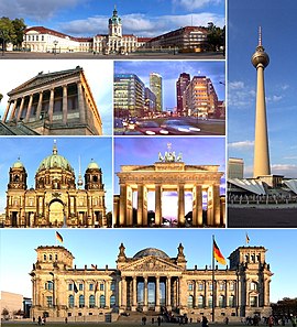 Clockwise: Charlottenburg Palace, Fernsehturm Berlin, Reichstag building, Berlin Cathedral, Alte Nationalgalerie, Potsdamer Platz and Brandenburg Gate.