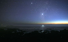 Photographie de nuit d'un océan. On observe de nombreuses étoiles dans le ciel, dont Vénus au centre, bien plus brillante et se reflétant sur l'eau.