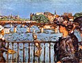 Peinture en couleur figurant deux femmes de profil qui se croisent le long d'une balustrade. Au second plan un pont enjambe la rivière.