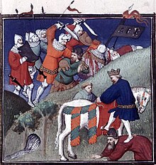 Photographie d'une miniature représentant une scène de bataille médiévale avec, au premier plan, un homme enfourchant un cheval