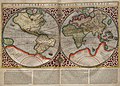 Terra Australis est le vaste continent suggéré en bas de ce planisphère dessiné par Rumold Mercator d'après une carte de son père Gerardus Mercator, 1587.